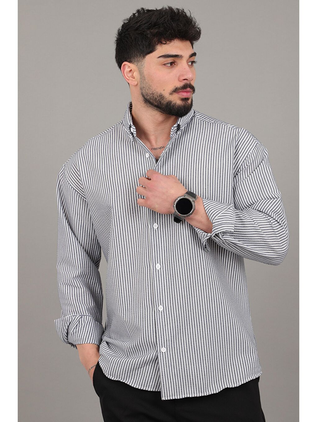 Lacivert İnce Çizgili Oversize Yazlık Uzun Kol Gömlek MRS 218_40415-1