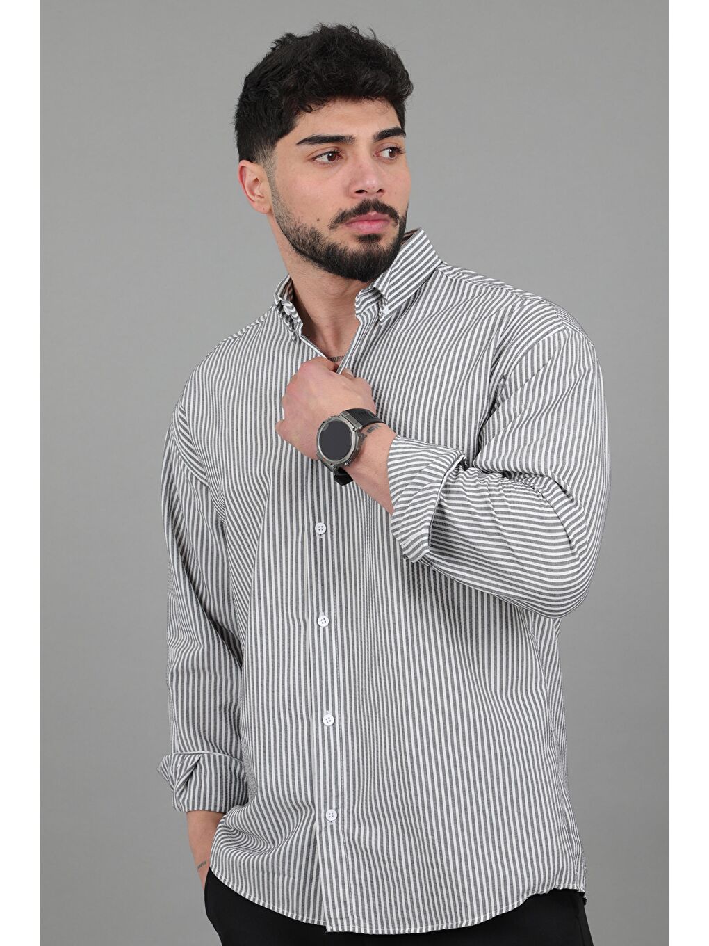 Gri İnce Çizgili Oversize Yazlık Uzun Kol Gömlek MRS 218_40415-2