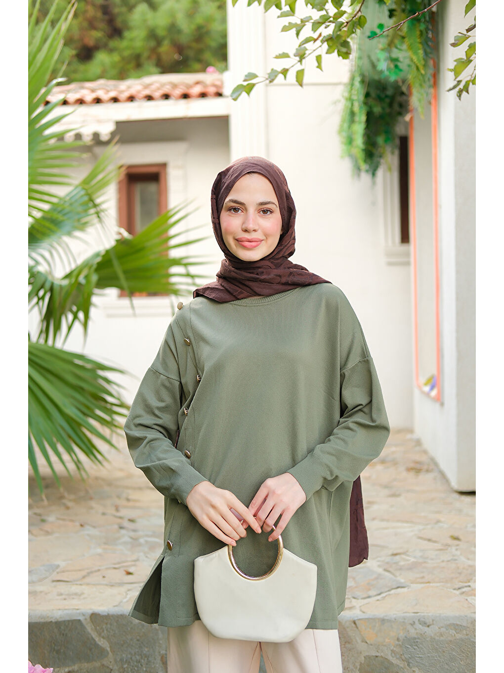 Kadın Ön Düğme Detay Tunik Çağla Yeşil-3