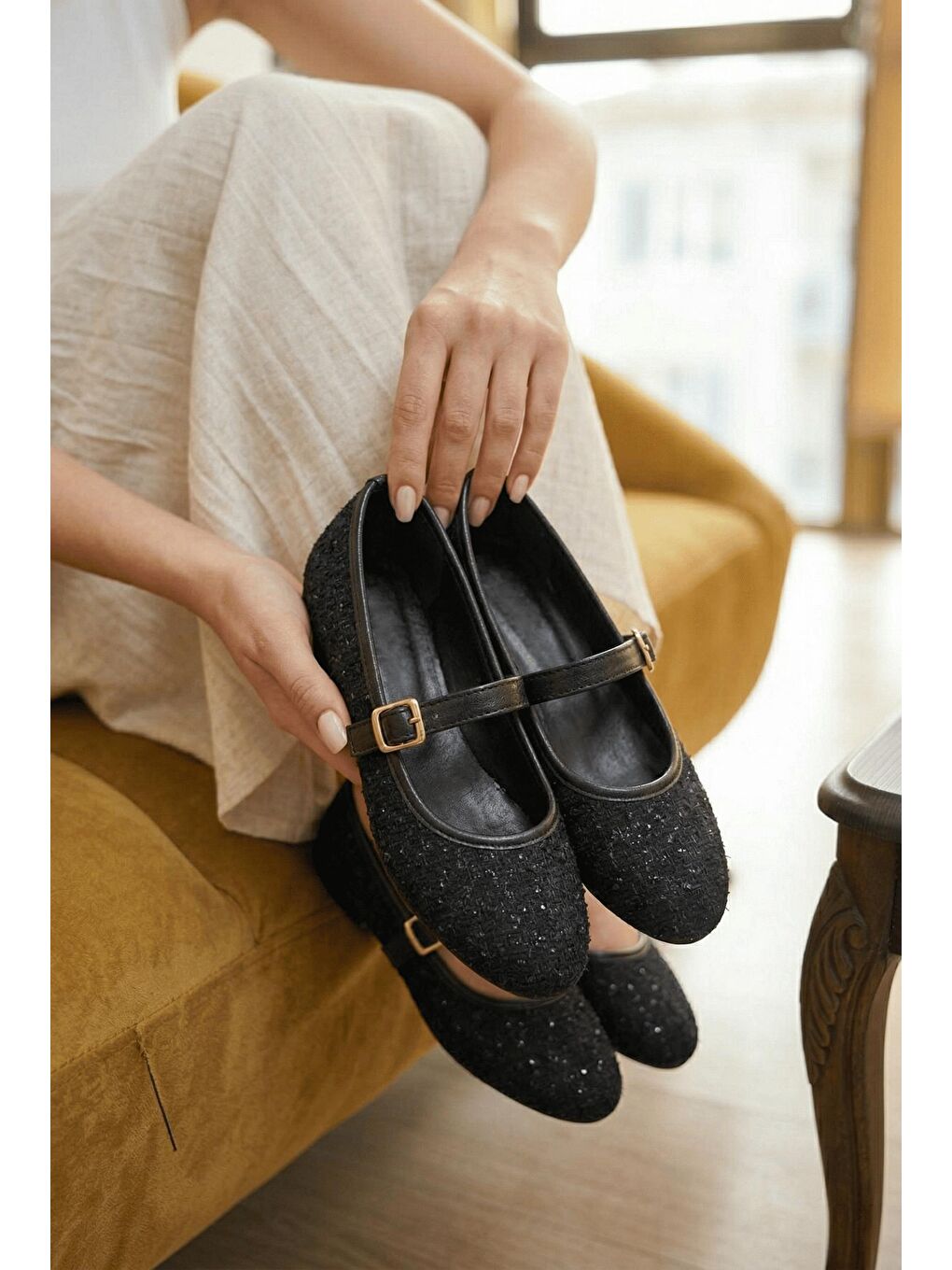 Siyah Tweed Dokulu Mary Jane Babet - Klasik Tokalı Zarif Ayakkabı-2