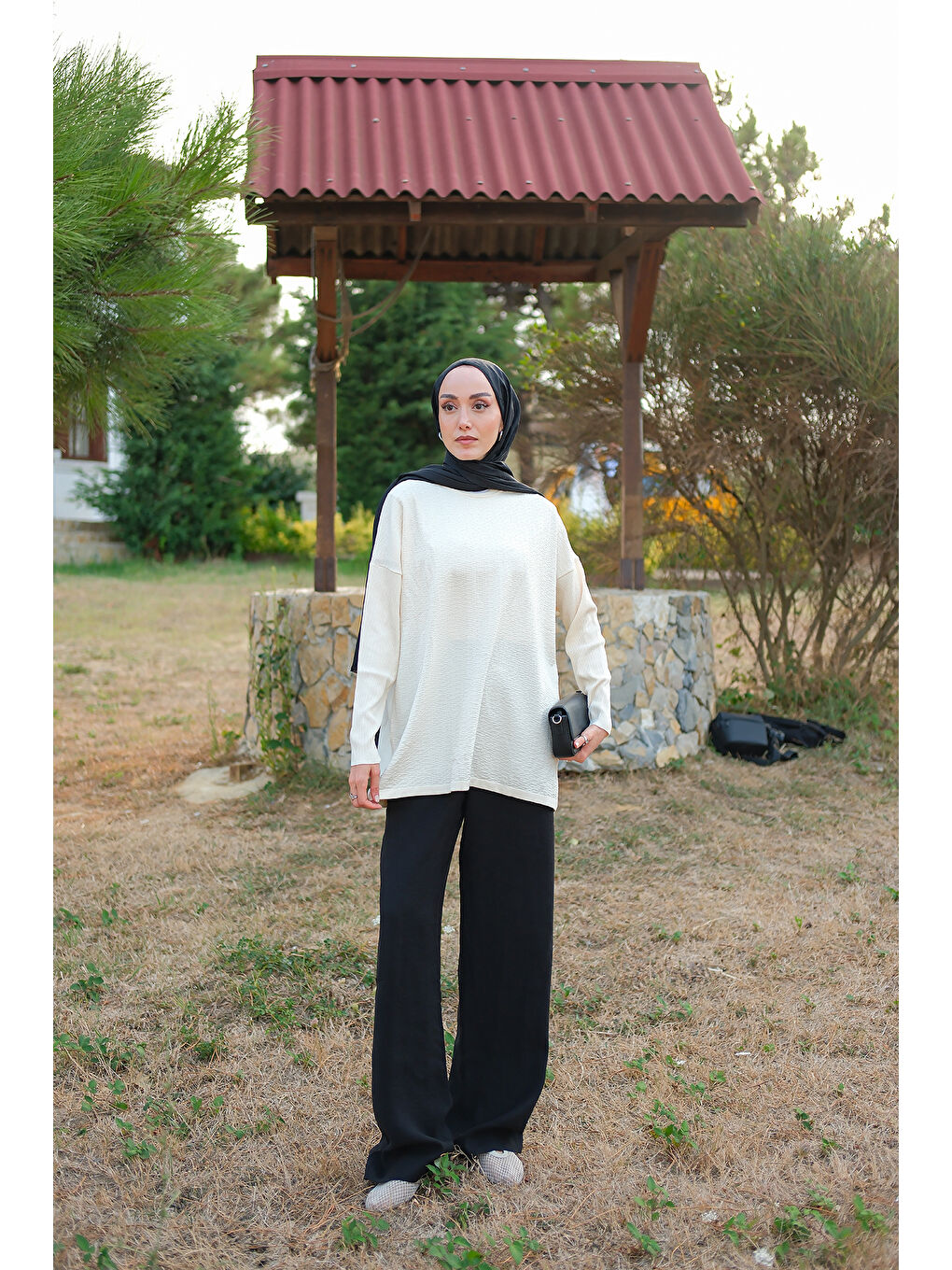 Kadın Kendinden Desenli Tunik Ekru-2