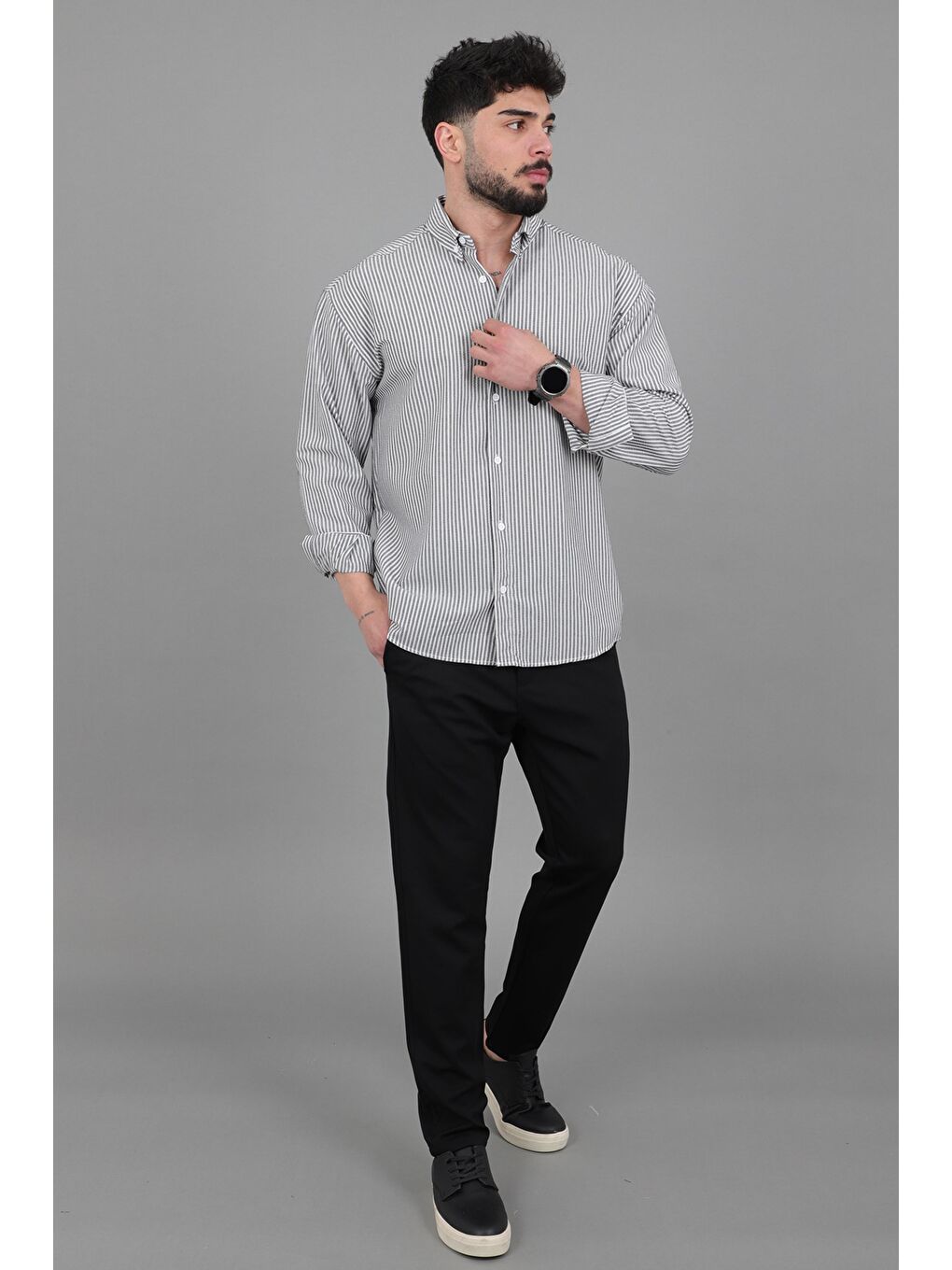 Gri İnce Çizgili Oversize Yazlık Uzun Kol Gömlek MRS 218_40415-3