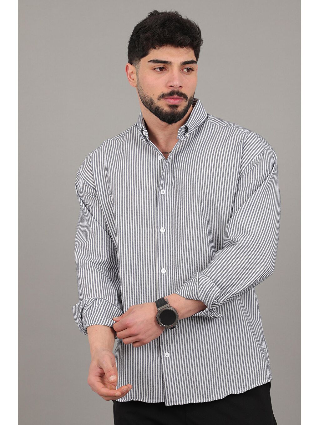 Lacivert İnce Çizgili Oversize Yazlık Uzun Kol Gömlek MRS 218_40415-2