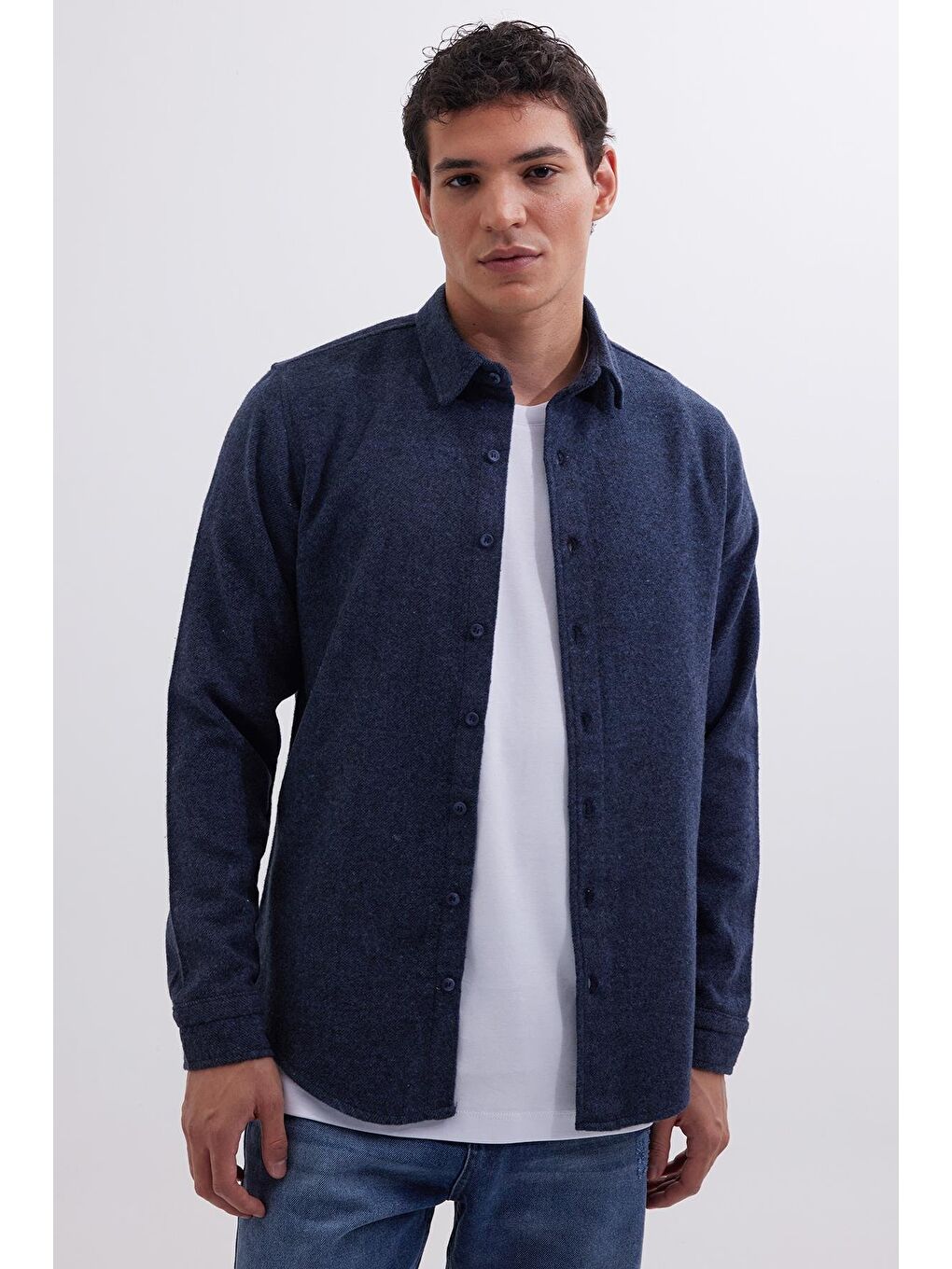 Erkek Slim Fit Dar Kesim Uzun Kollu Düz Kışlık Oduncu Lacivert Gömlek-4
