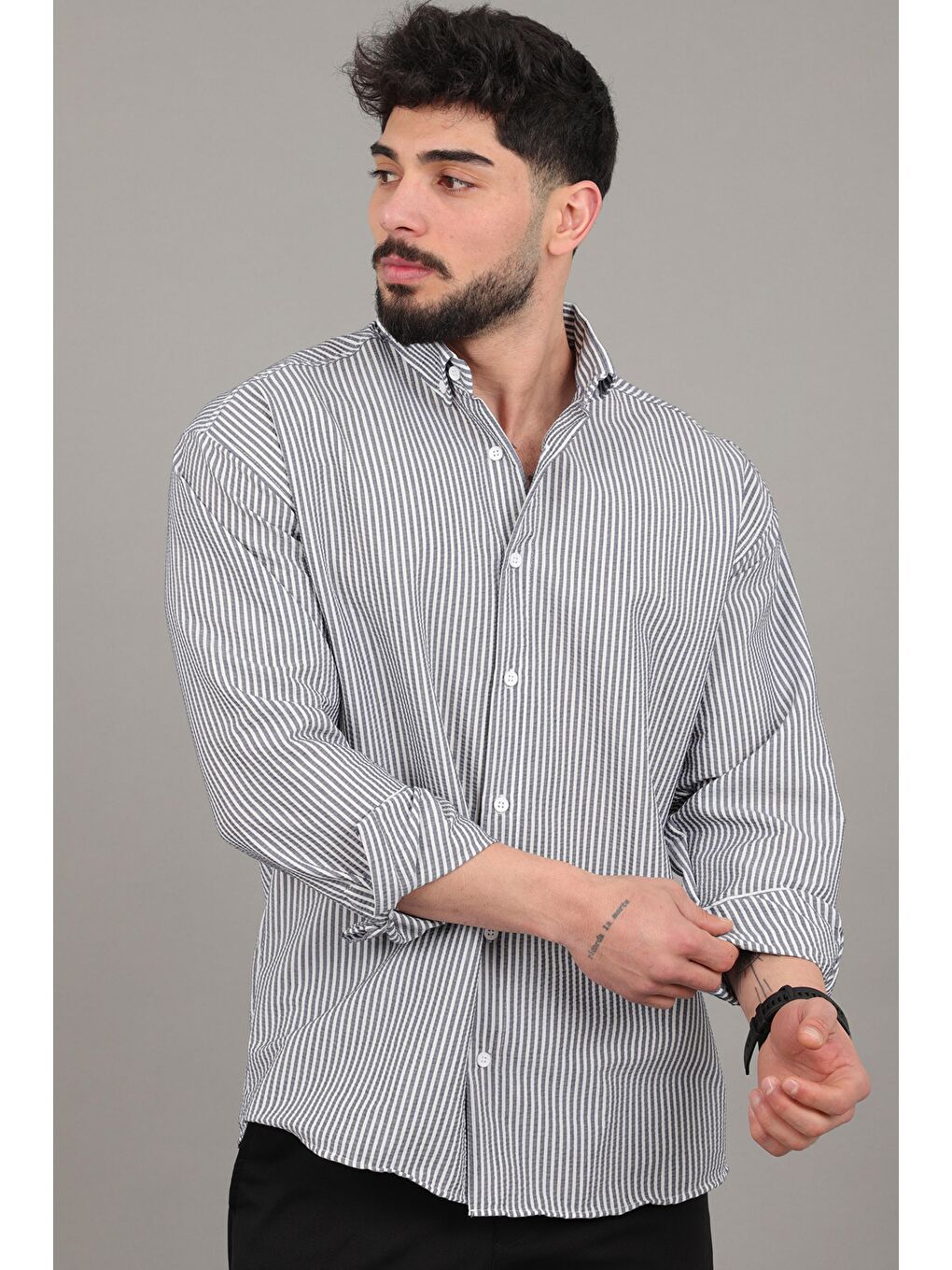 Lacivert İnce Çizgili Oversize Yazlık Uzun Kol Gömlek MRS 218_40415-3