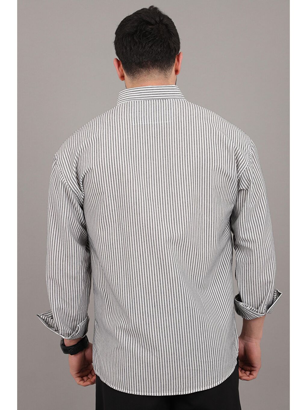 Gri İnce Çizgili Oversize Yazlık Uzun Kol Gömlek MRS 218_40415-4