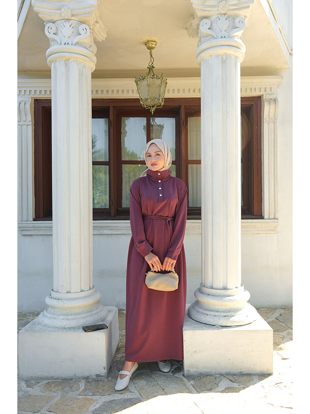 Kadın Yüksek Yaka Çıtçıtlı Elbise Mürdüm-2