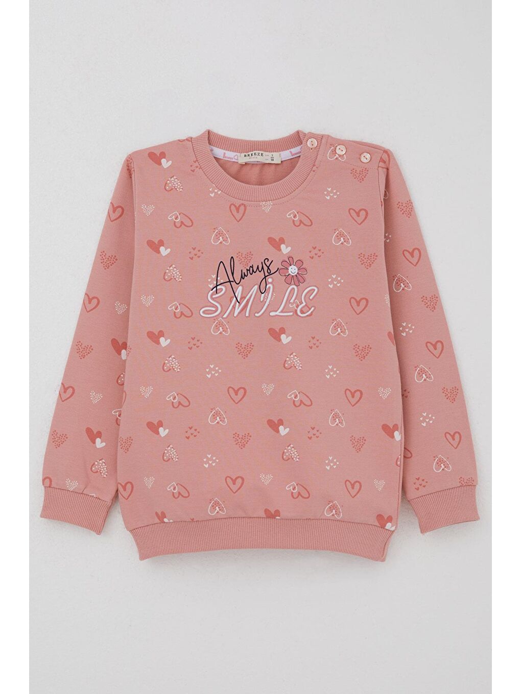 Pembe Kız Çocuk Sweatshirt Kalp Desenli Yazı Baskılı Gülkurusu (1.5-5 Yaş)