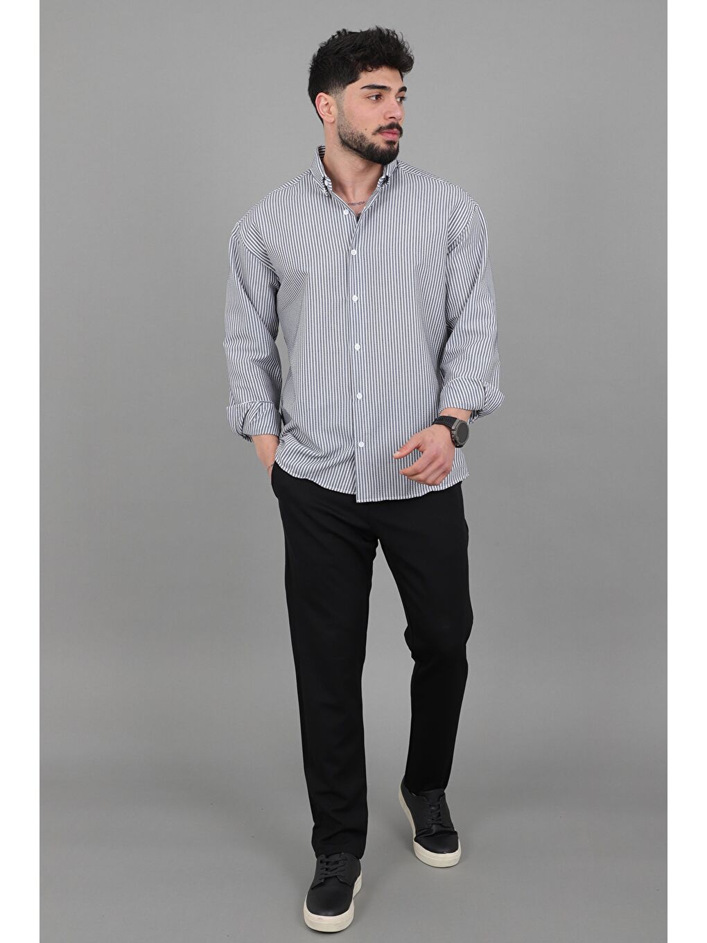 Lacivert İnce Çizgili Oversize Yazlık Uzun Kol Gömlek MRS 218_40415-4