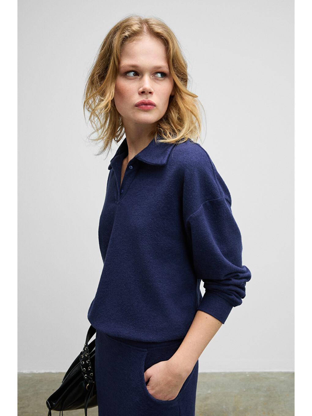Sılken Kadın Yumuşak Ve Esnek Kumaşlı Polo Yakalı Lacivert Sweatshirt-1