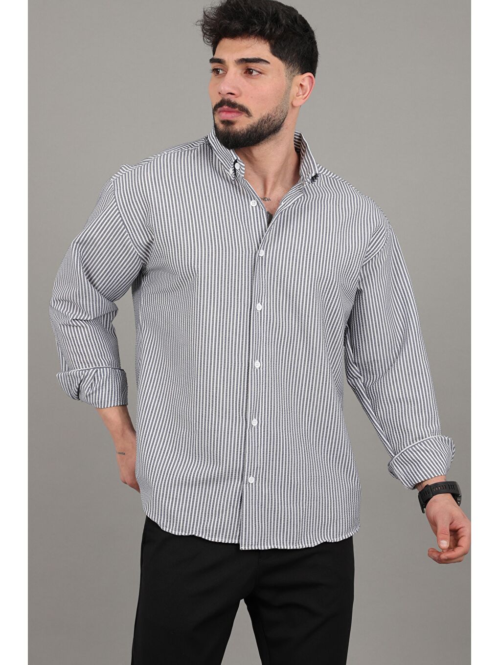 Lacivert İnce Çizgili Oversize Yazlık Uzun Kol Gömlek MRS 218_40415-5