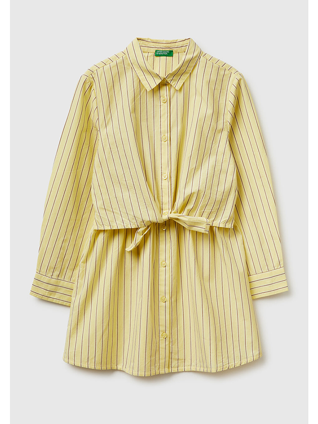 Kız Çocuk Sarı Beli Kuşaklı Çizgili Gömlek Yaka Elbise