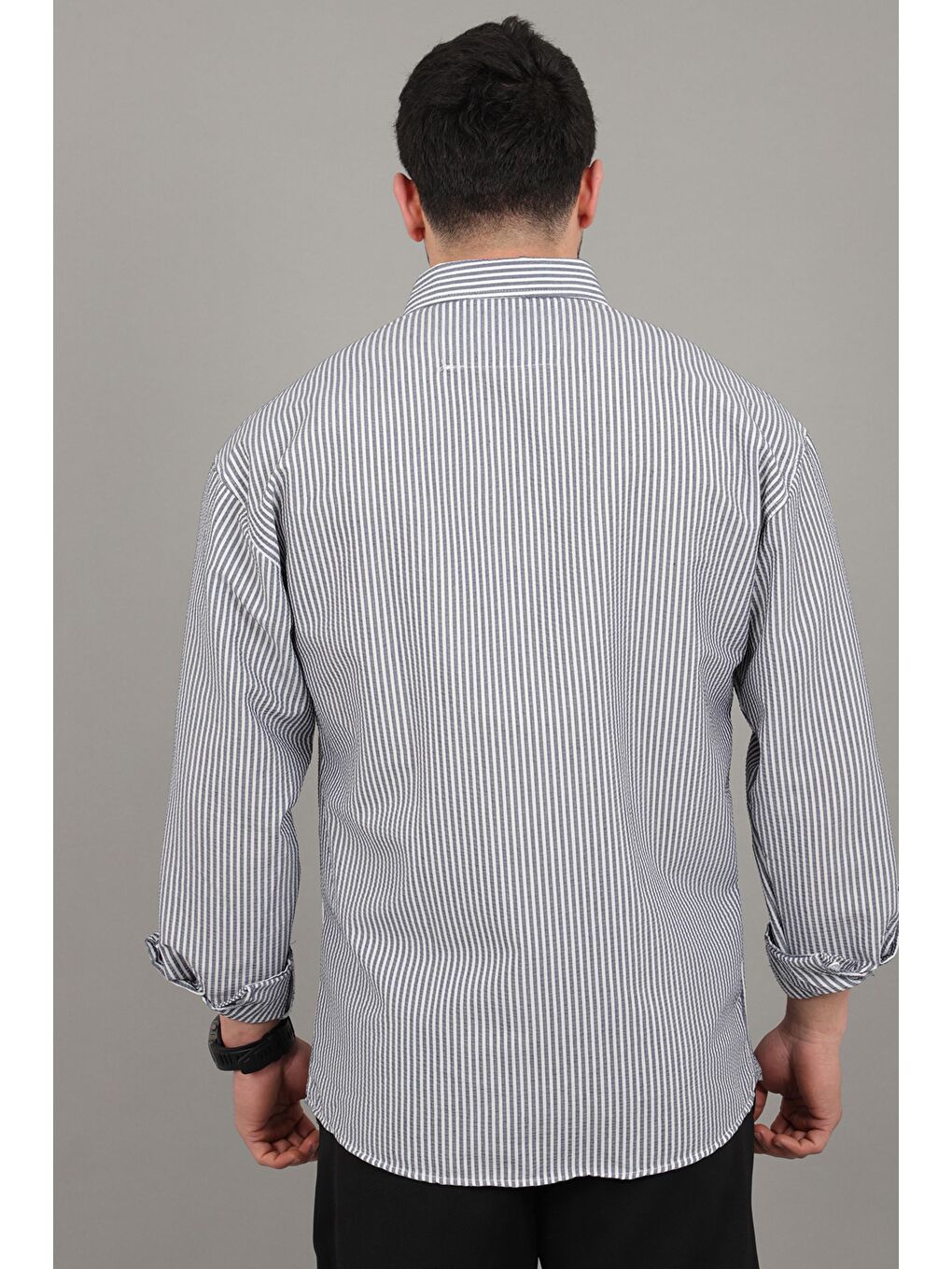 Lacivert İnce Çizgili Oversize Yazlık Uzun Kol Gömlek MRS 218_40415-6