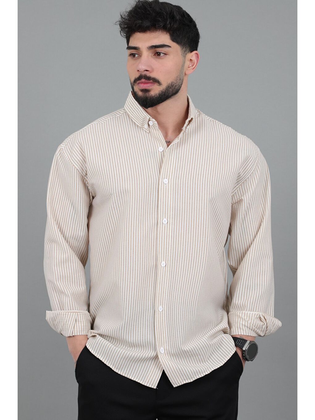 Bej İnce Çizgili Oversize Yazlık Uzun Kol Gömlek MRS 218_40415