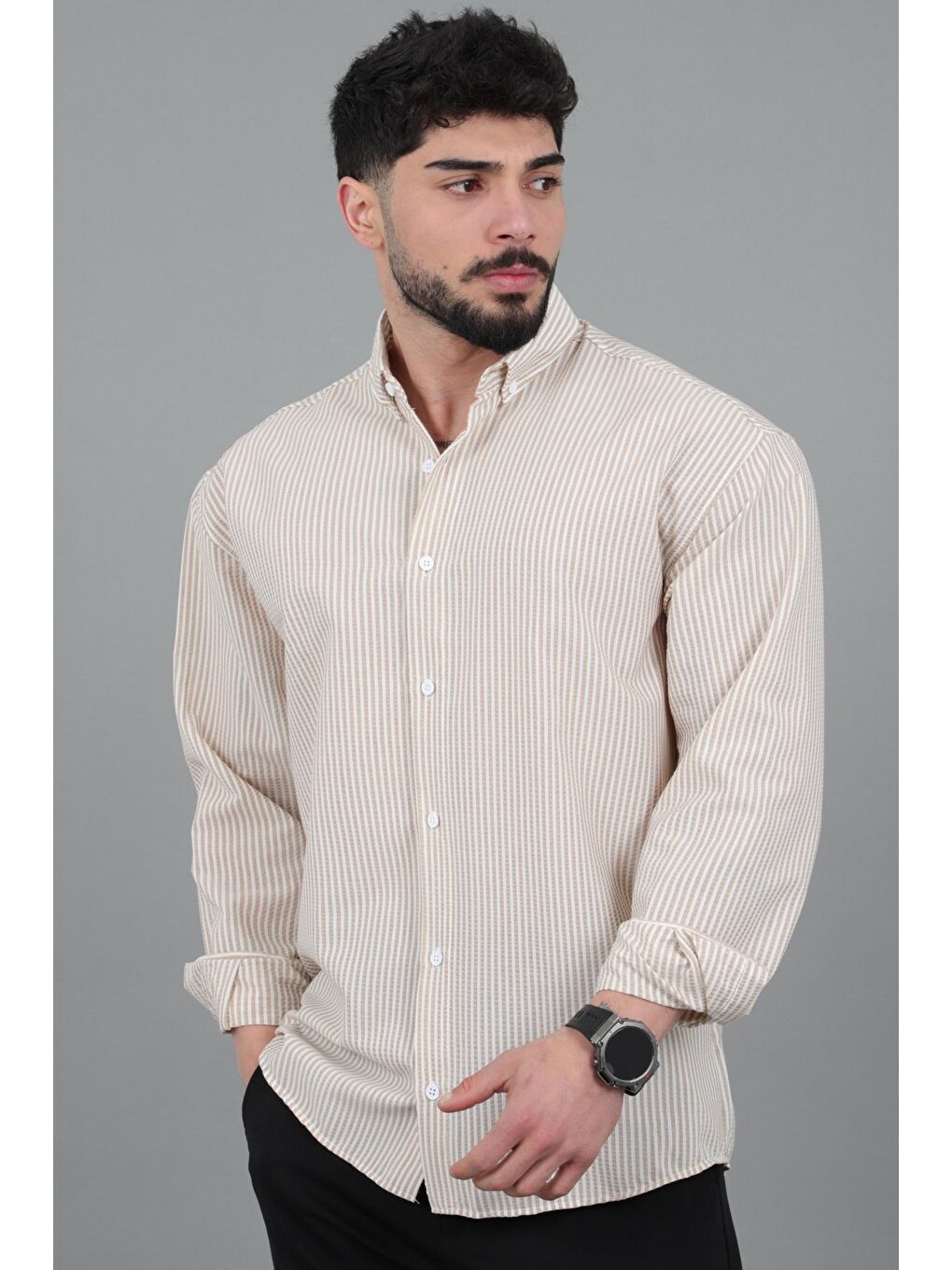 Bej İnce Çizgili Oversize Yazlık Uzun Kol Gömlek MRS 218_40415-1