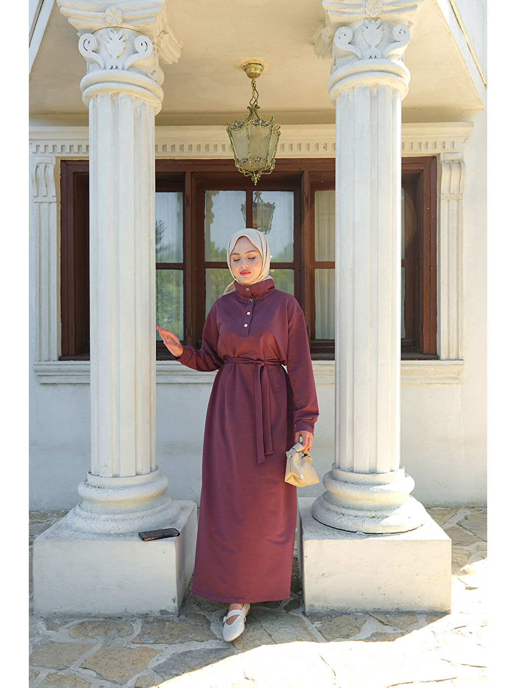 Kadın Yüksek Yaka Çıtçıtlı Elbise Mürdüm-3