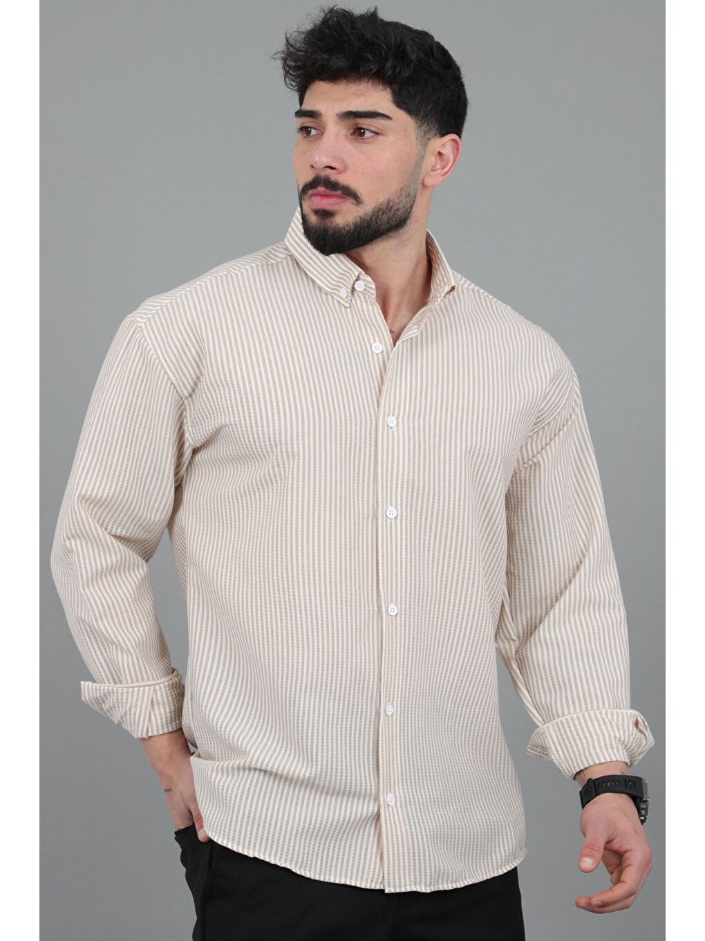 Bej İnce Çizgili Oversize Yazlık Uzun Kol Gömlek MRS 218_40415-2