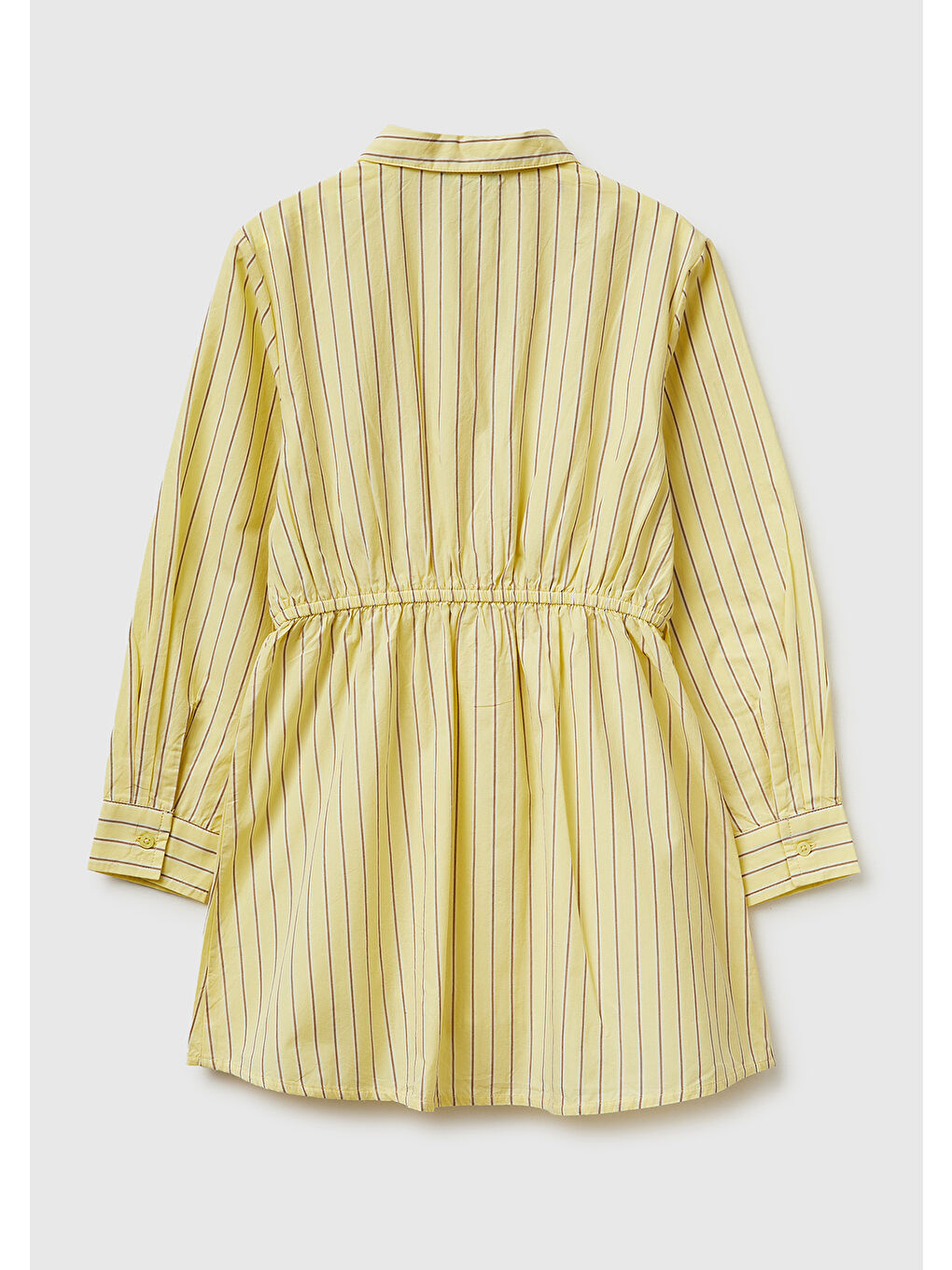 Kız Çocuk Sarı Beli Kuşaklı Çizgili Gömlek Yaka Elbise-1