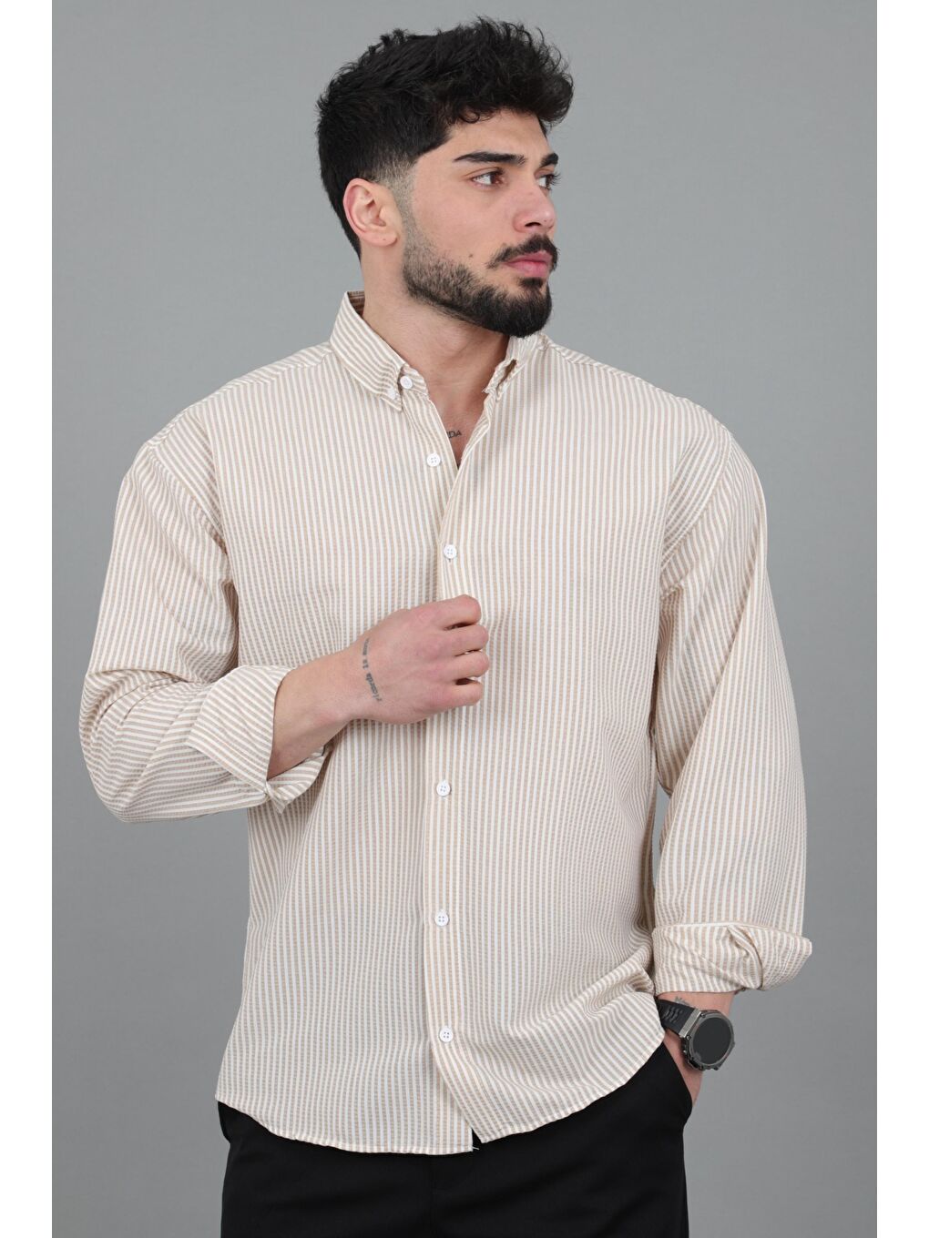 Bej İnce Çizgili Oversize Yazlık Uzun Kol Gömlek MRS 218_40415-3