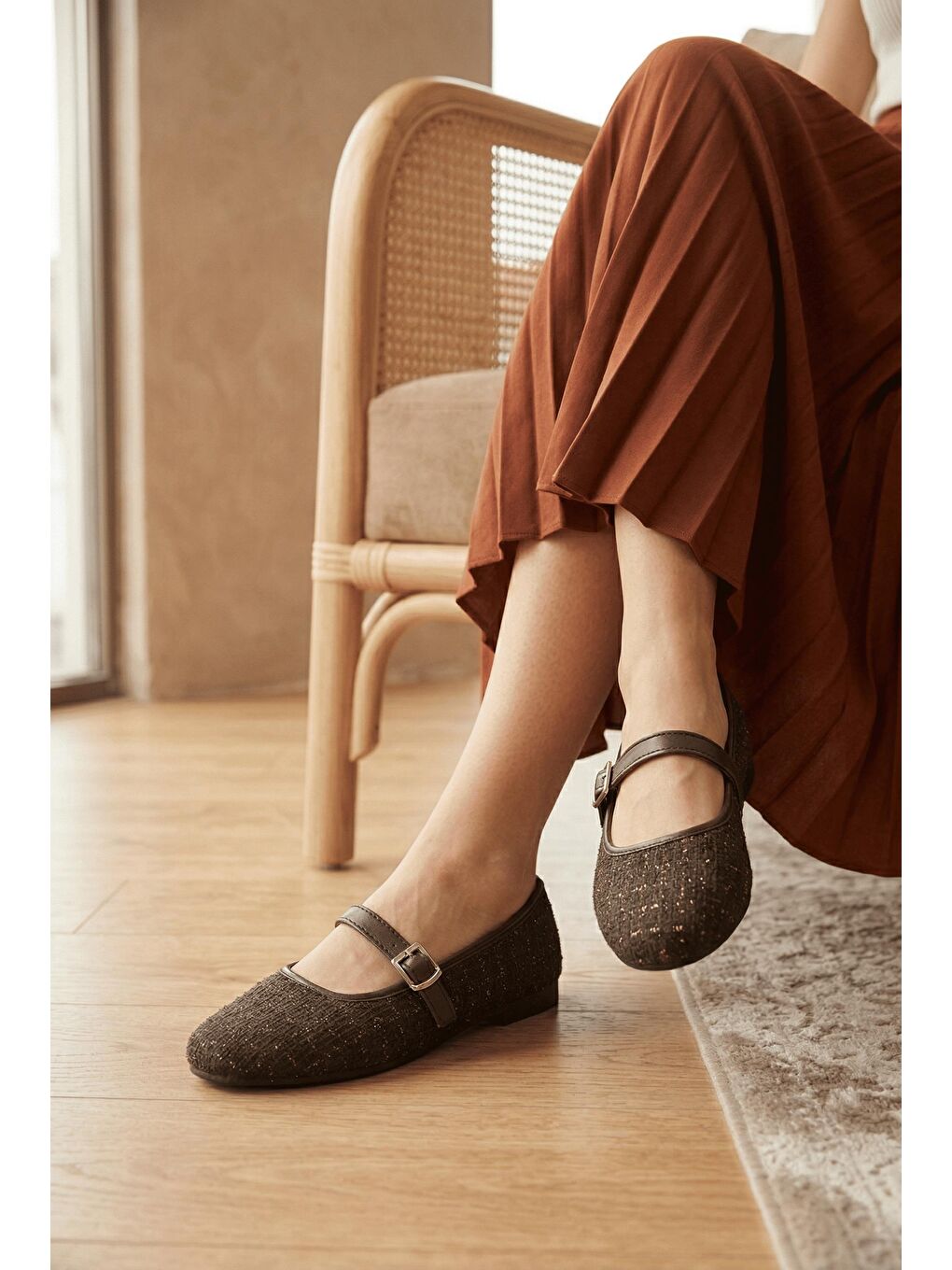 Kahverengi Tweed Dokulu Mary Jane Babet - Klasik Tokalı Zarif Ayakkabı