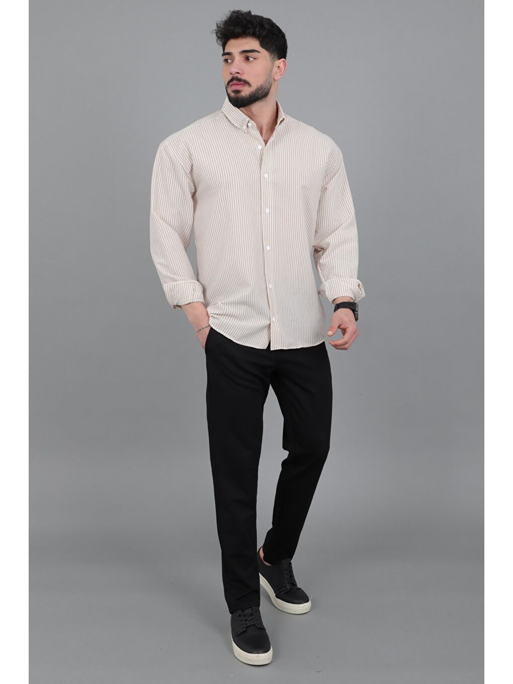 Bej İnce Çizgili Oversize Yazlık Uzun Kol Gömlek MRS 218_40415-4