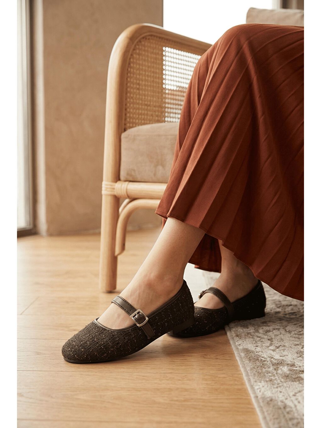 Kahverengi Tweed Dokulu Mary Jane Babet - Klasik Tokalı Zarif Ayakkabı-1