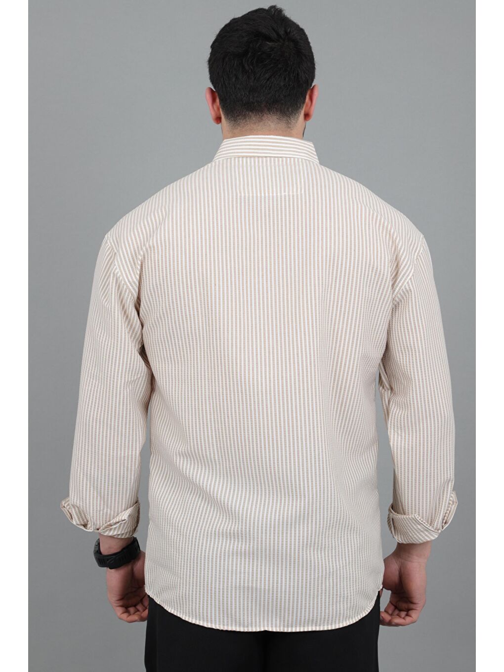 Bej İnce Çizgili Oversize Yazlık Uzun Kol Gömlek MRS 218_40415-5
