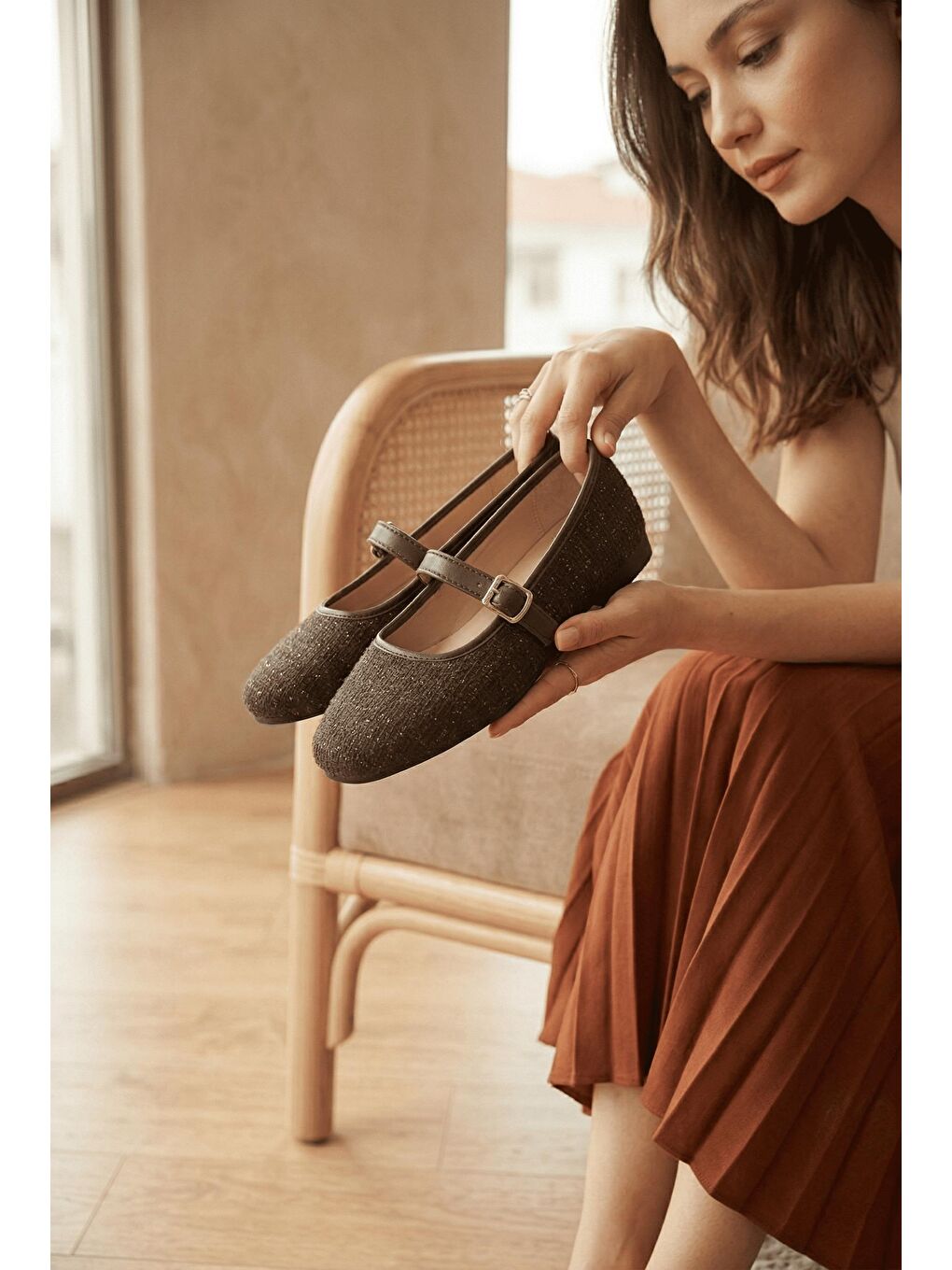 Kahverengi Tweed Dokulu Mary Jane Babet - Klasik Tokalı Zarif Ayakkabı-2