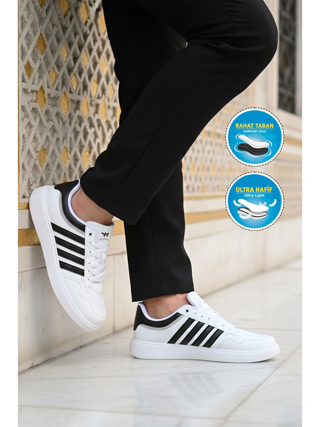 Beyaz Siyah Hafif Bağcıklı Erkek Spor Ayakkabı Pori 2079 M-2