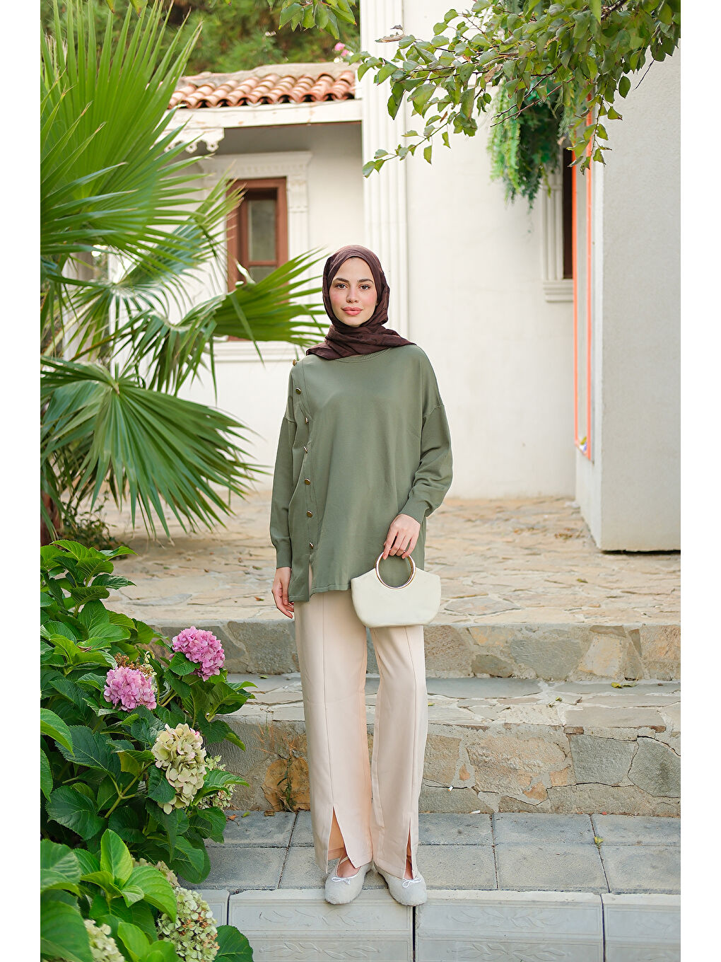 Kadın Ön Düğme Detay Tunik Çağla Yeşil-4