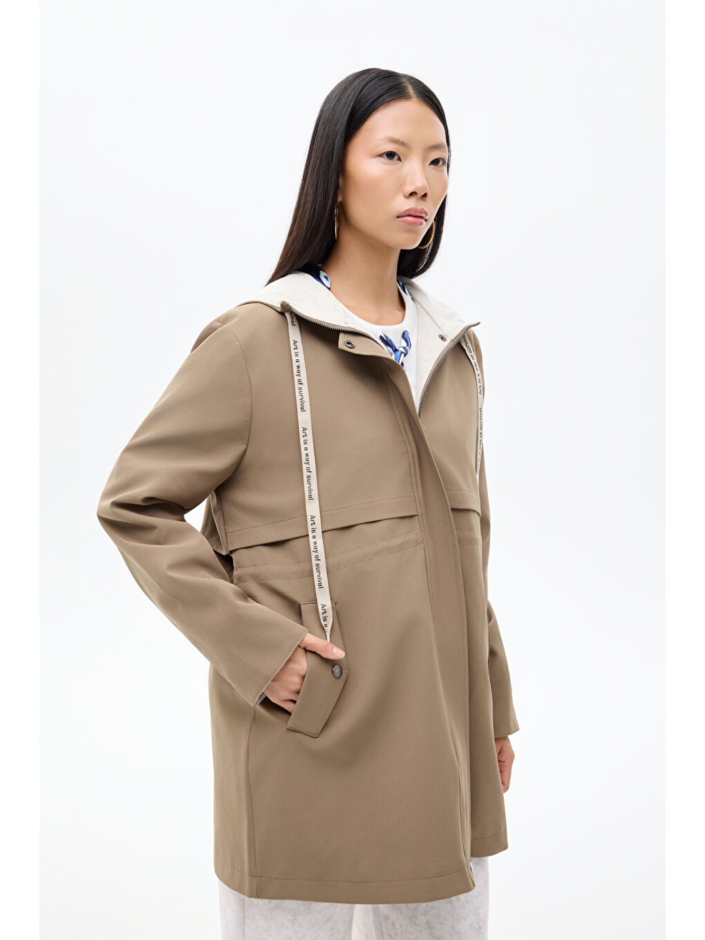 Kapüşonlu Fermuarlı Trençkot Haki-2