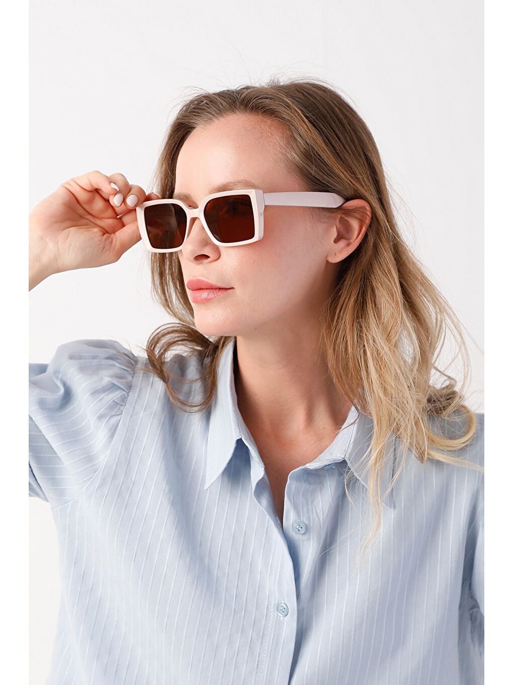 Bej Dikdörtgen Güneş Gözlüğü-1