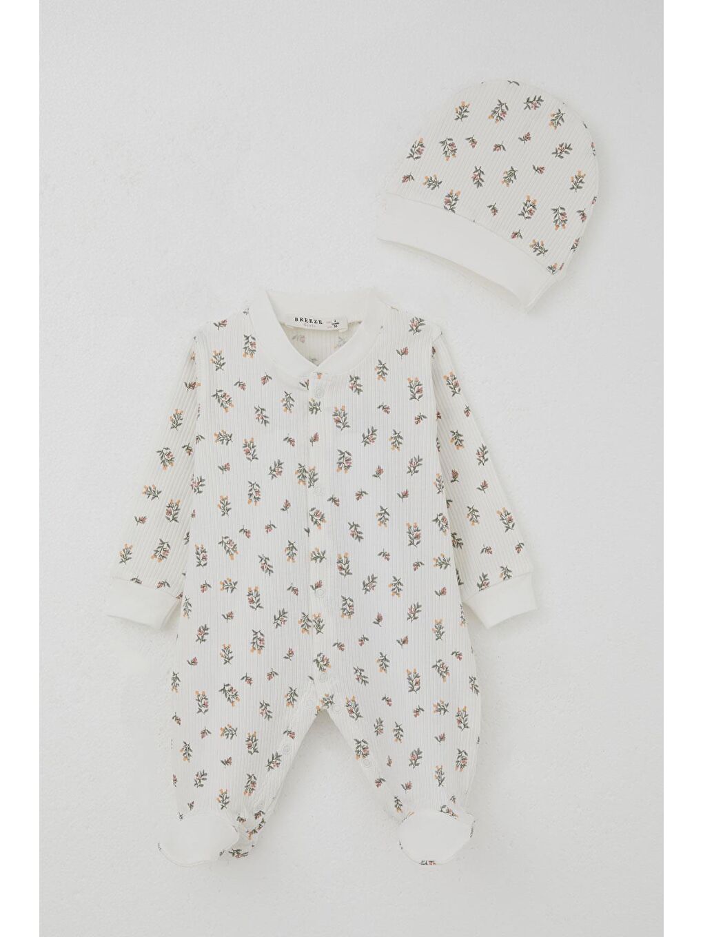 Kız Bebek Patikli Tulum Çiçek Desenli Ekru (0-6 Ay)