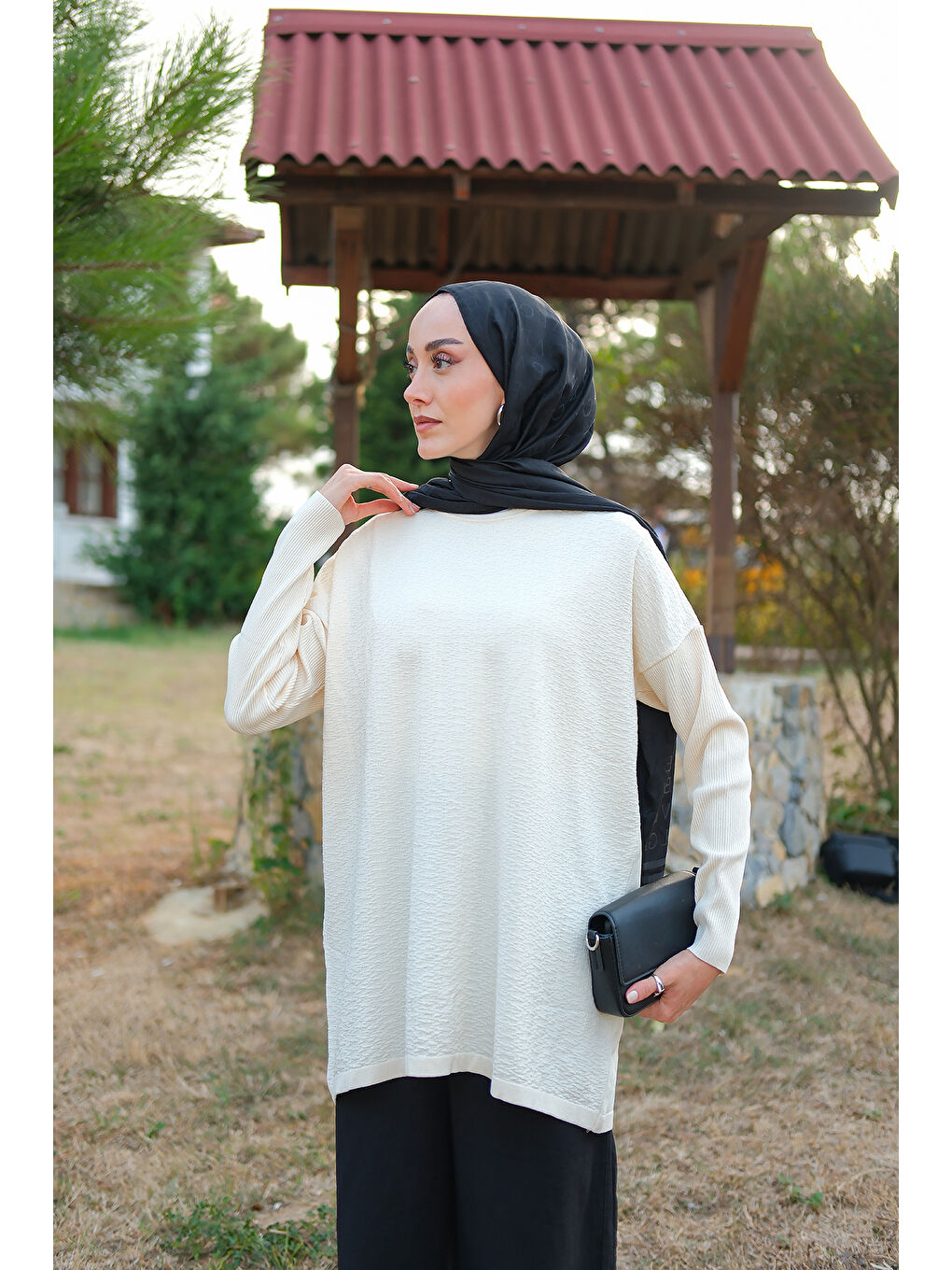 Kadın Kendinden Desenli Tunik Ekru-3