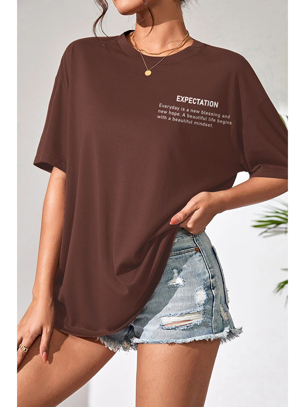 Kahverengi Expectation Baskılı Oversize %100 Pamuk Kadın Tişört