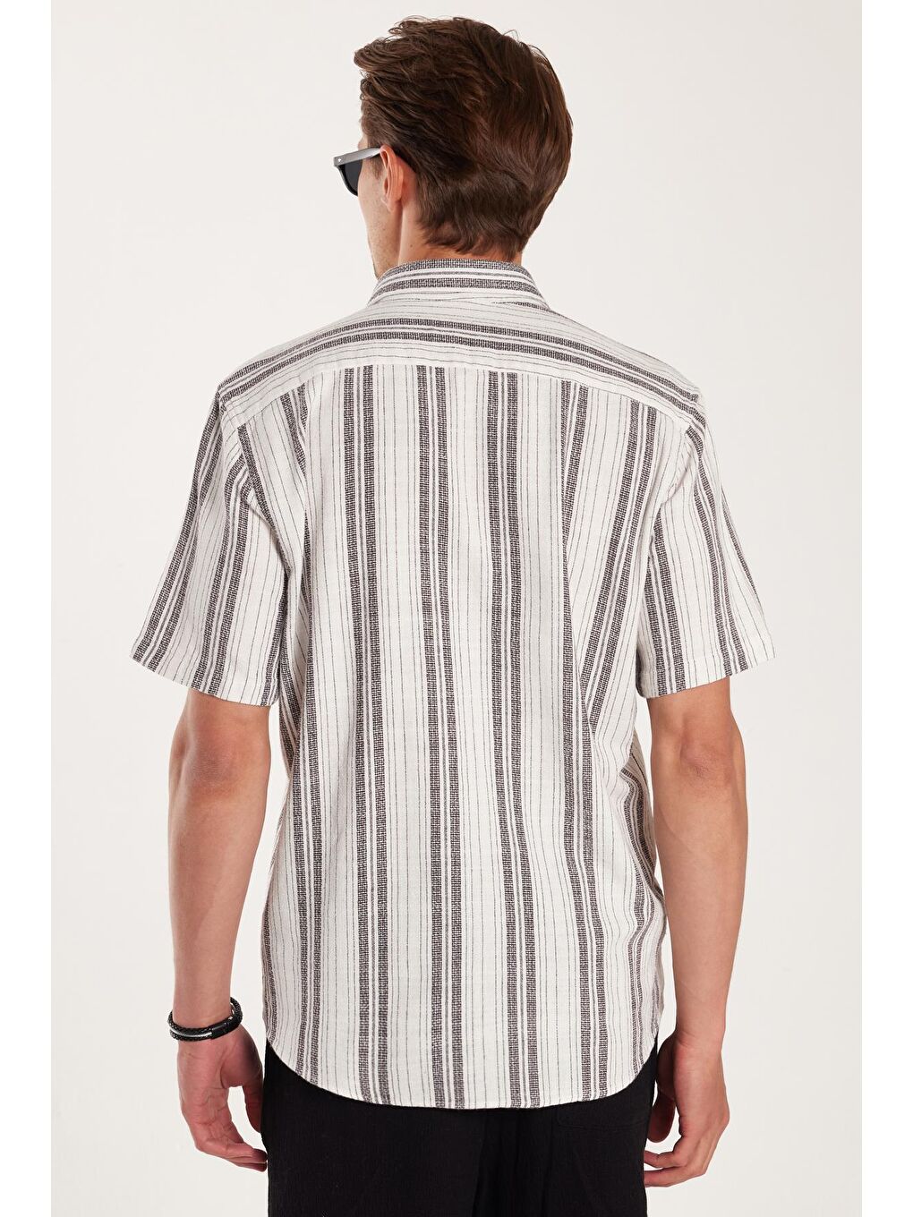 Karışık Erkek Regular Fit Klasik Kesim %100 Pamuk Keten Doku Tek Cepli Çizgili Kısa Kollu Gömlek-4