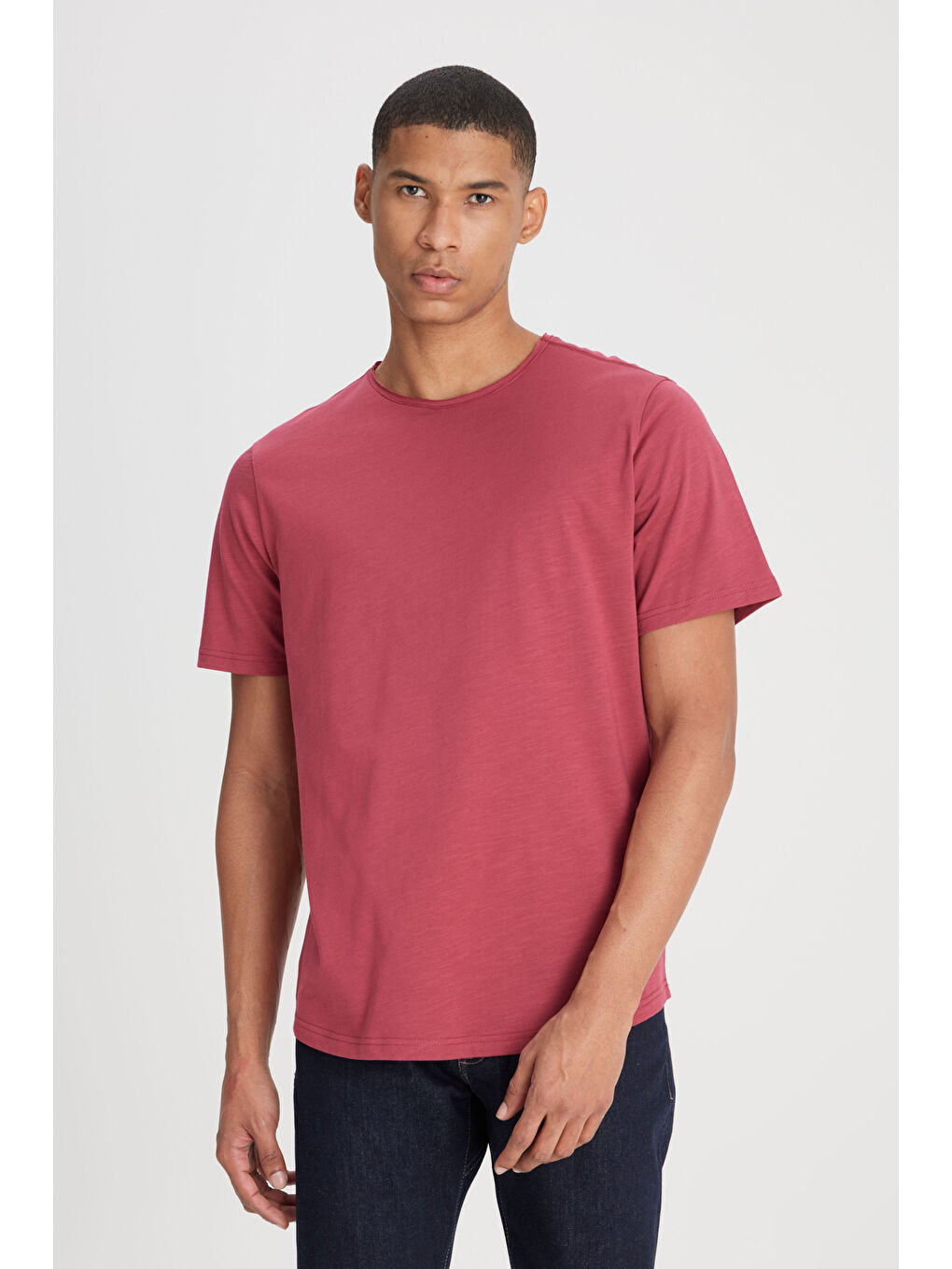 Pembe Regular Fit Normal Kesim Bisiklet Yaka %100 Pamuk Gül Kurusu Tişört-1