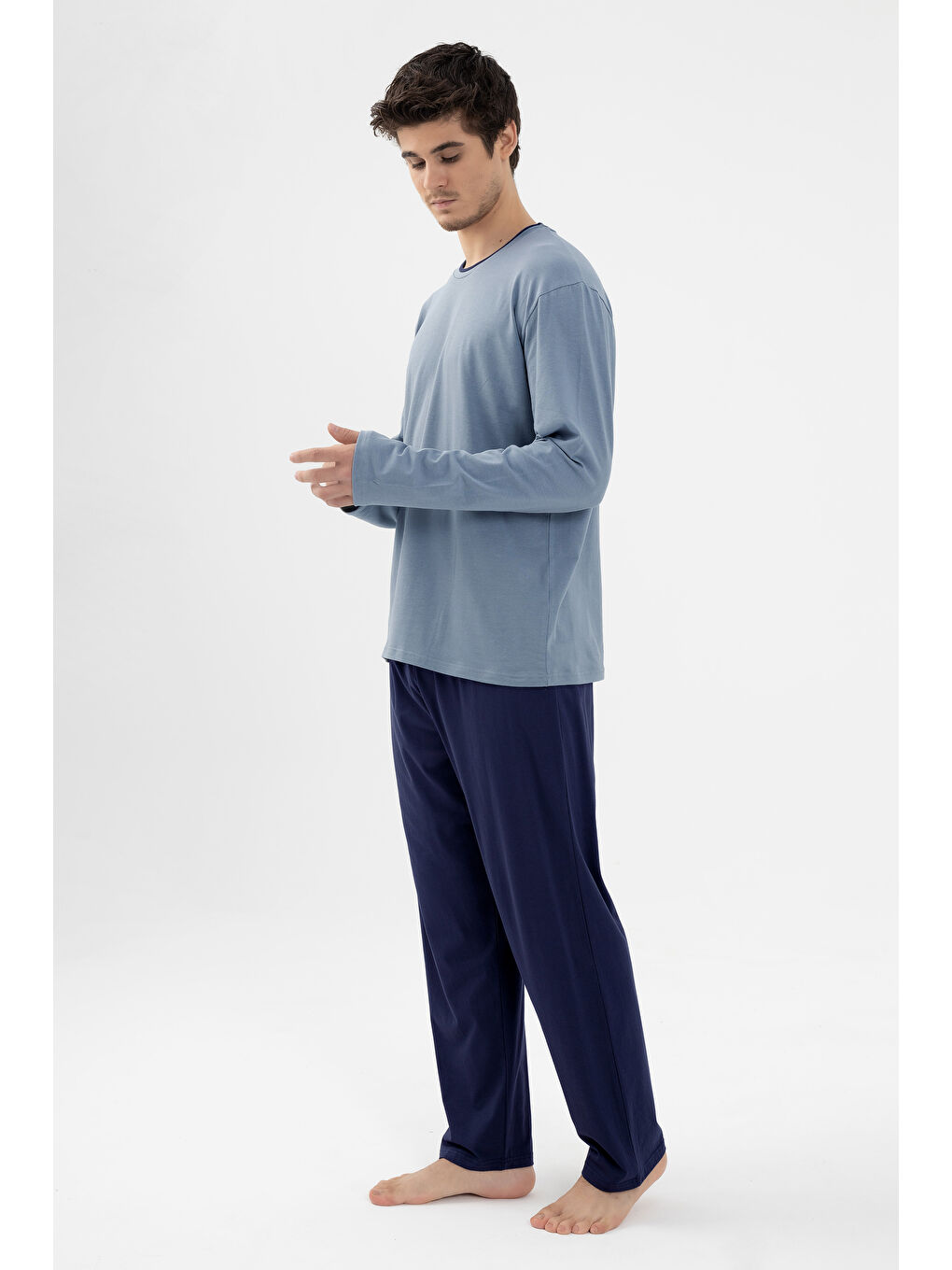 Mavi Erkek Pamuklu Double Yaka Uzun Kollu Cep Detaylı Pijama Takımı-1