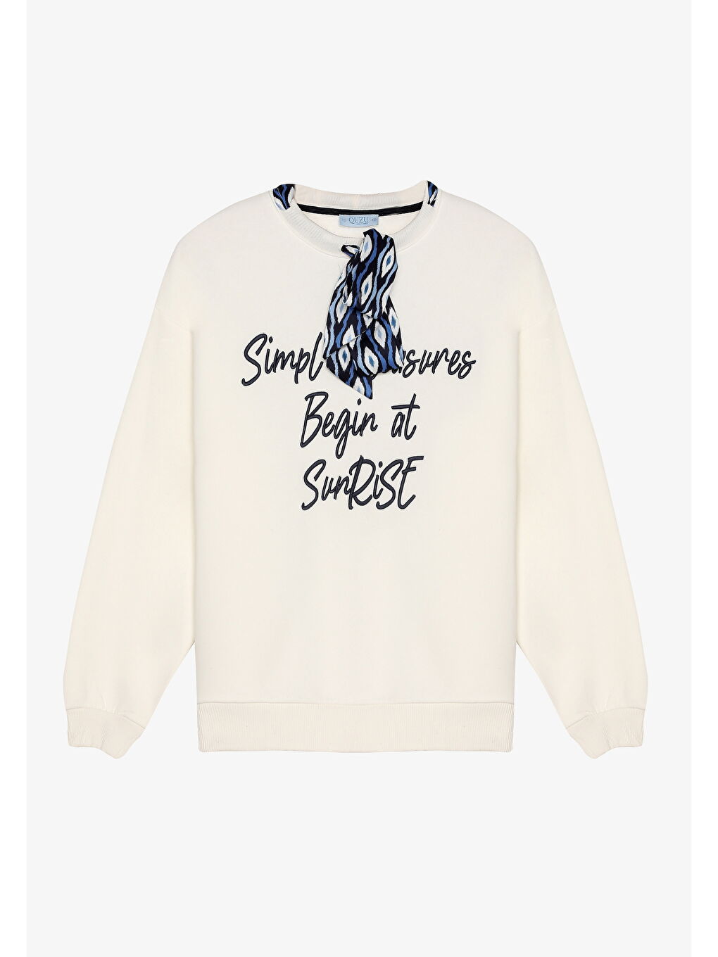 Fularlı Yazı Nakışlı Oversize Sweatshirt Ekru-1