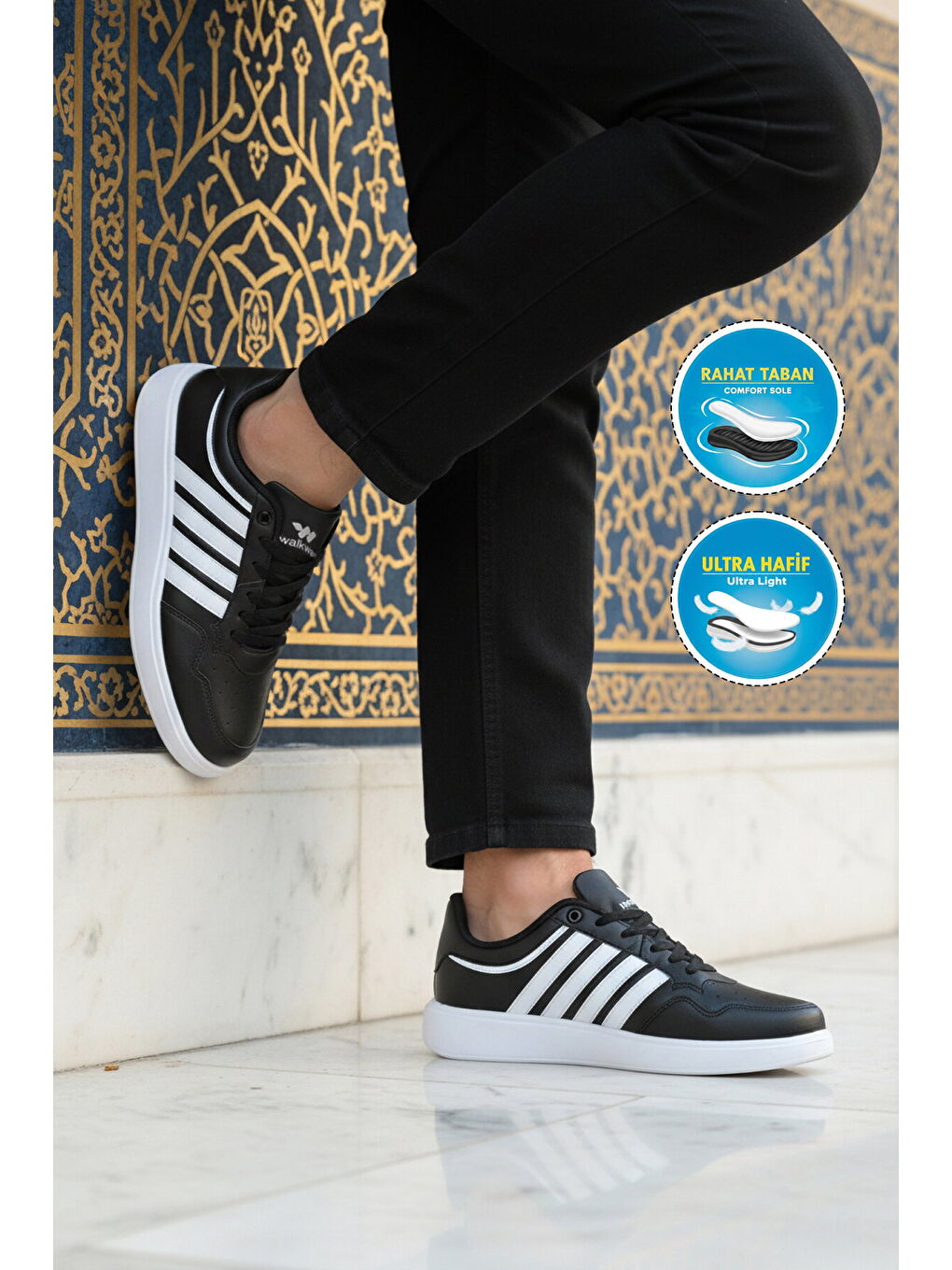 Siyah Beyaz Hafif Bağcıklı Erkek Spor Ayakkabı Pori 2079 M-2