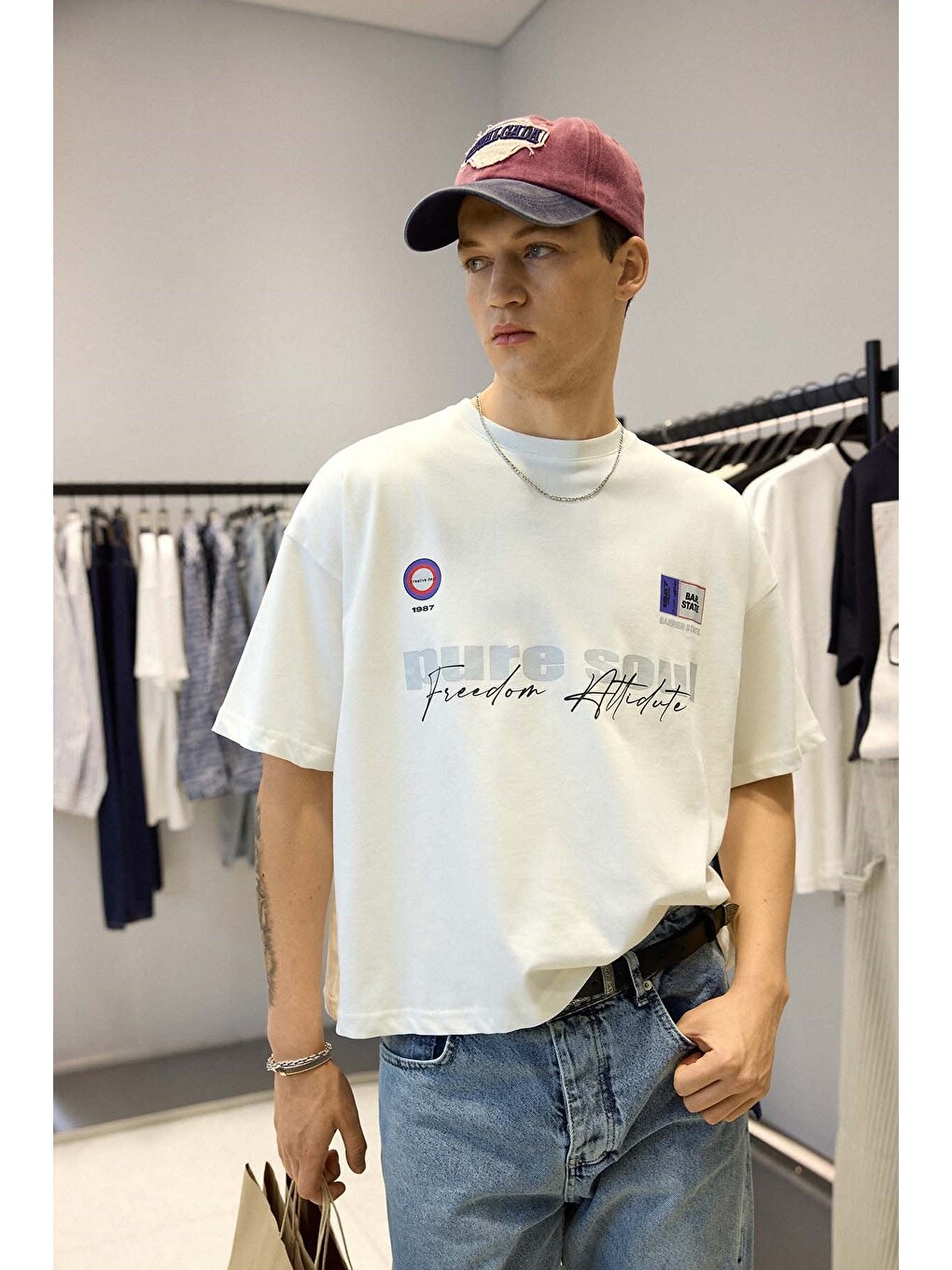 Erkek Boxy Fit %100 Pamuk Grafik Baskılı T-shirt Ekru-3