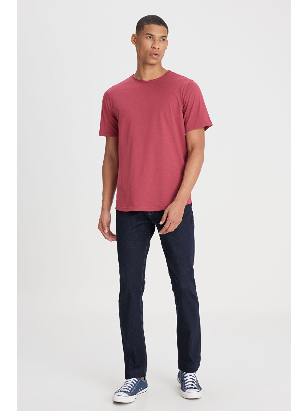 Pembe Regular Fit Normal Kesim Bisiklet Yaka %100 Pamuk Gül Kurusu Tişört-2