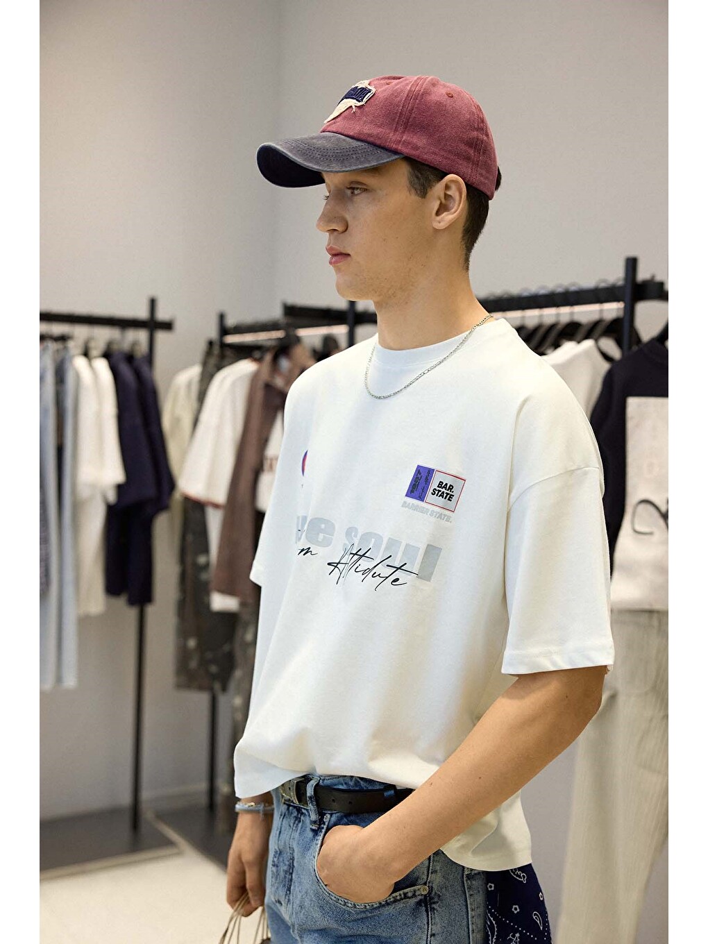 Erkek Boxy Fit %100 Pamuk Grafik Baskılı T-shirt Ekru-4