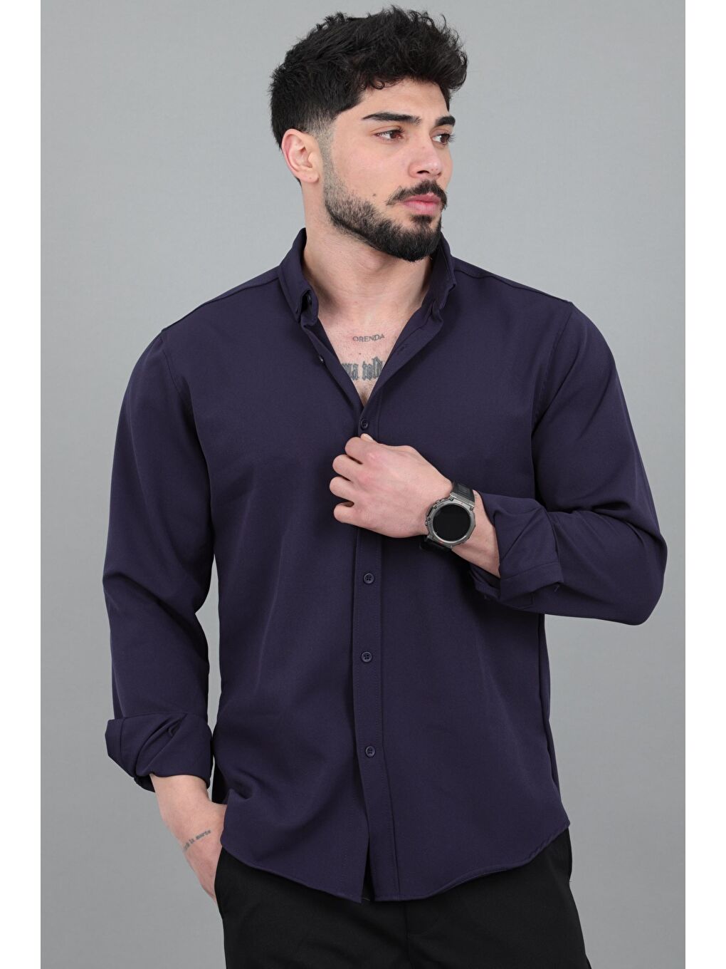 Lacivert Double Yazlık Uzun Kol Gömlek MRS 217_40416-1