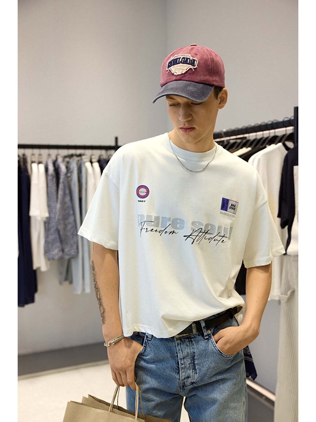Erkek Boxy Fit %100 Pamuk Grafik Baskılı T-shirt Ekru-5