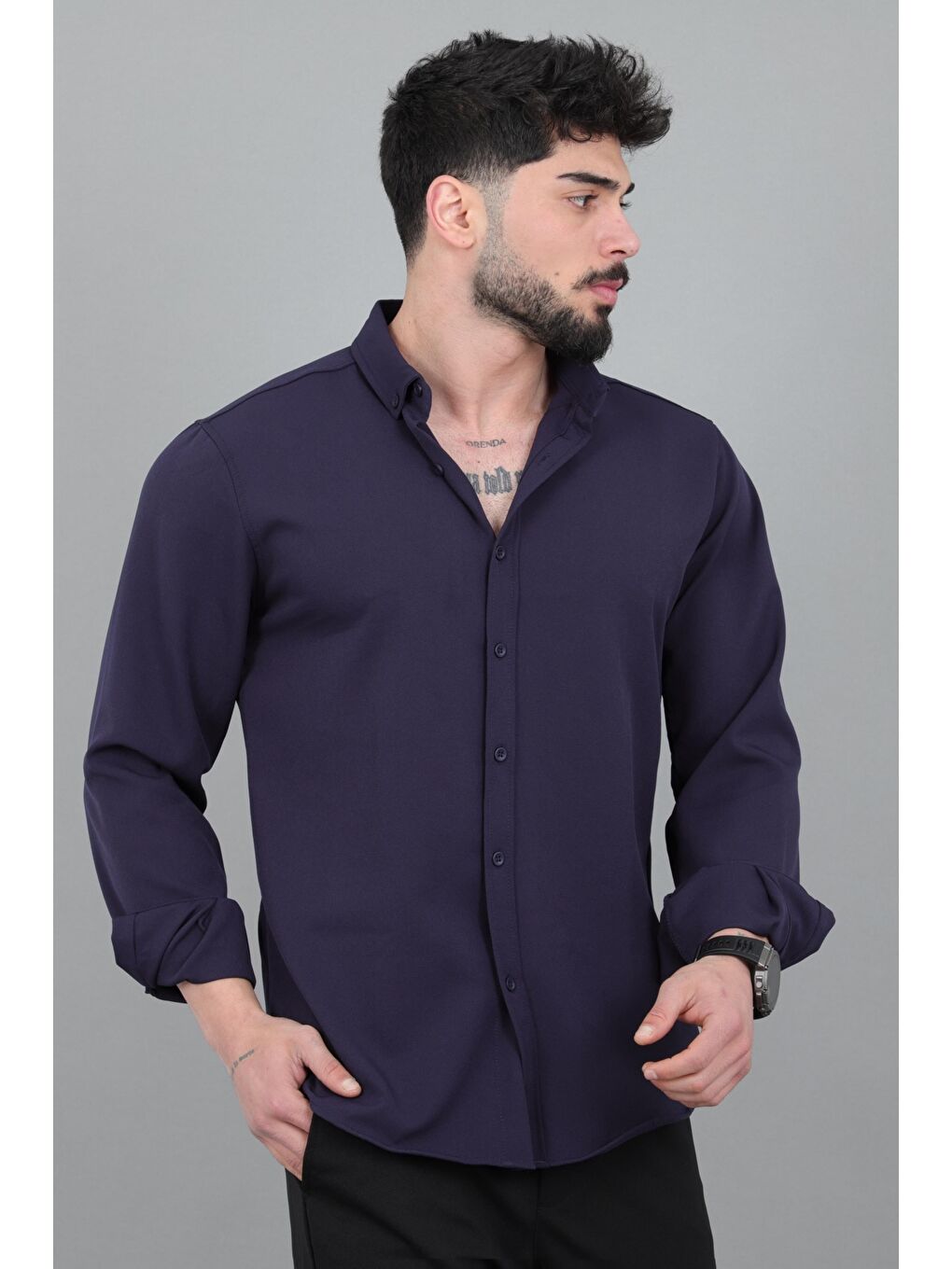 Lacivert Double Yazlık Uzun Kol Gömlek MRS 217_40416-2