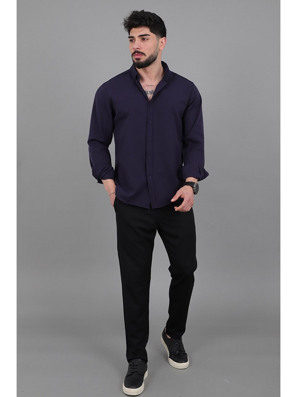 Lacivert Double Yazlık Uzun Kol Gömlek MRS 217_40416-3