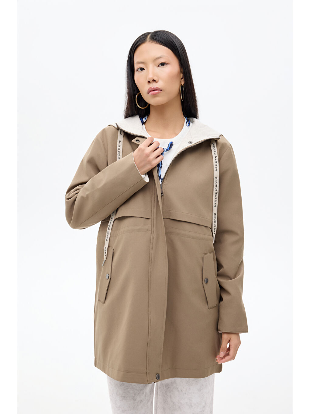 Kapüşonlu Fermuarlı Trençkot Haki-3