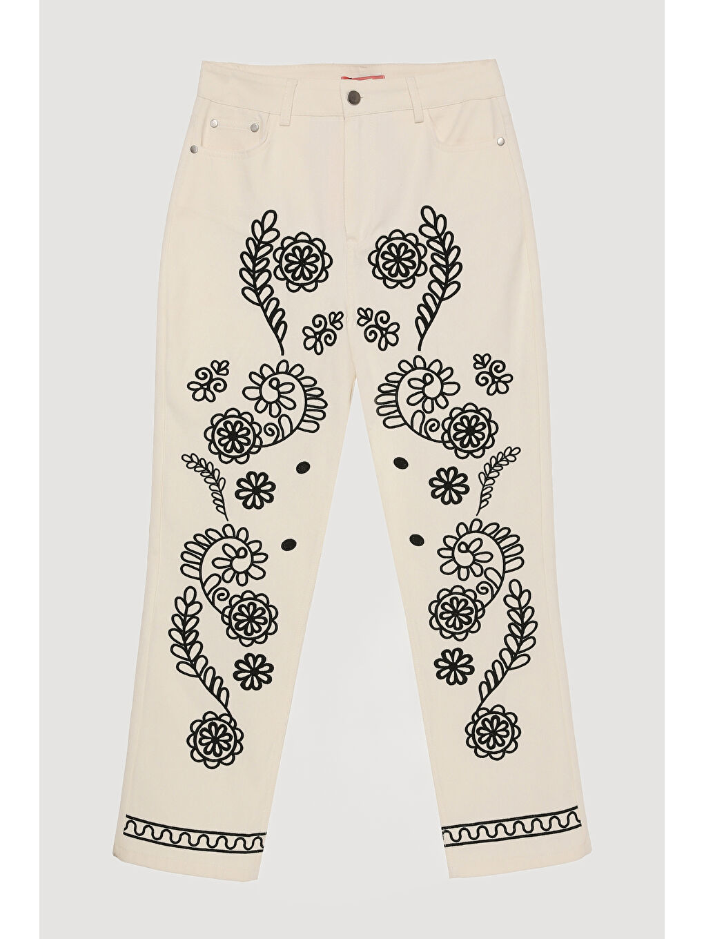 Nakış İşlemeli Yüksek Bel Pantolon Ekru