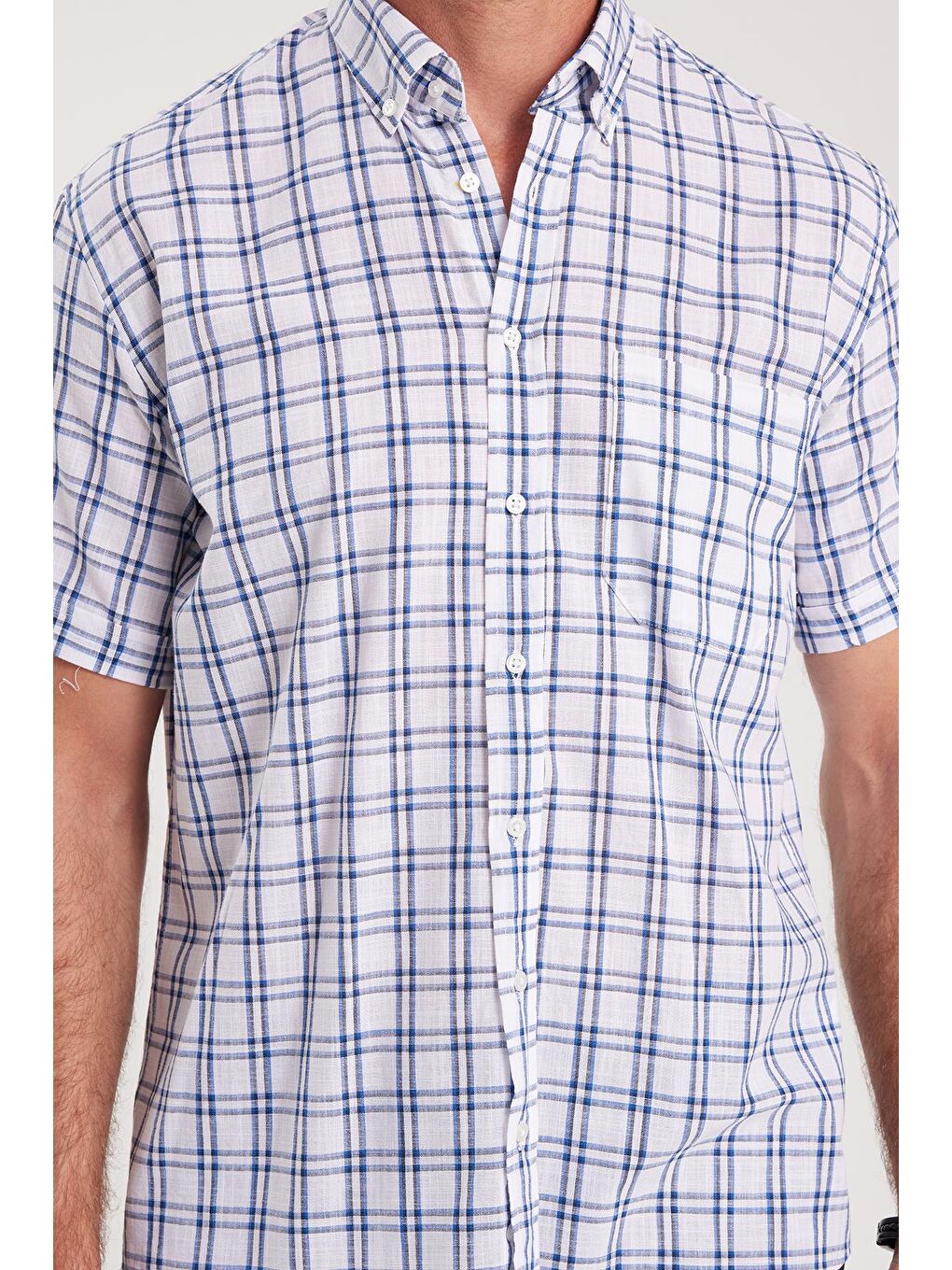 Karışık Erkek Regular Fit Klasik Kesim %100 Pamuk Keten Doku Cepli Kareli Kısa Kollu Düğmeli Yaka Gömlek-2